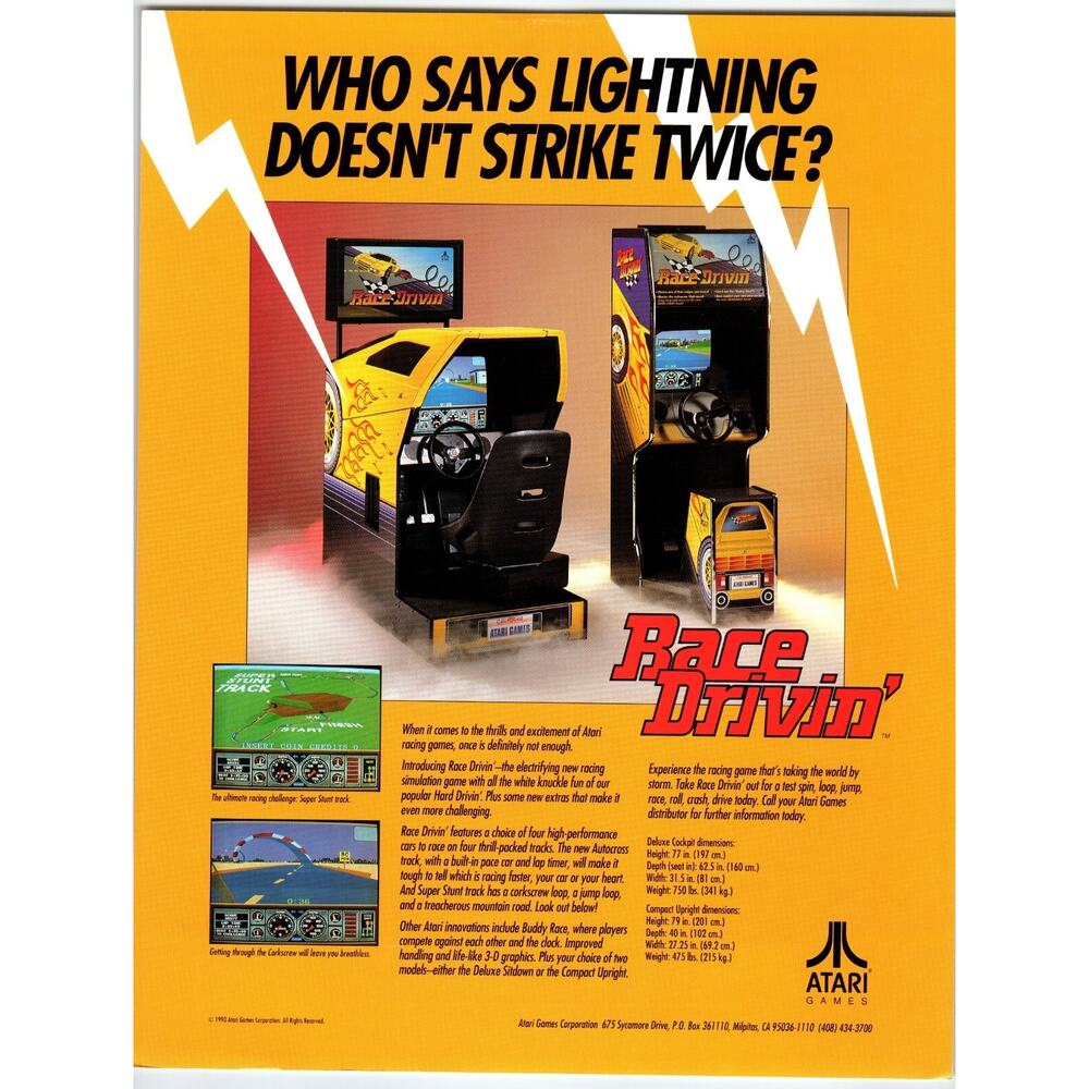 Race Drivin Vintage Video Arcade Game Flyer 1990 Original Retro Art 8.5" x 11"